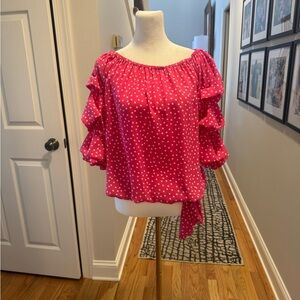 Pink Polka Dot Ruffle Sleeve Women's Top